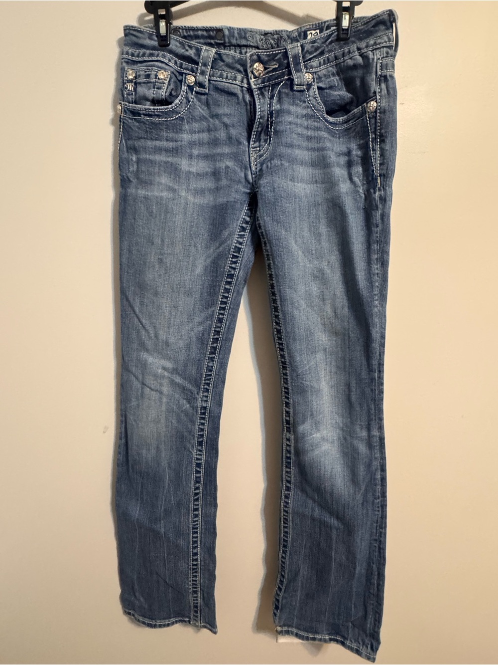 Miss Me feather wings Boot cut low rise rhinestone jeans Women's 29
